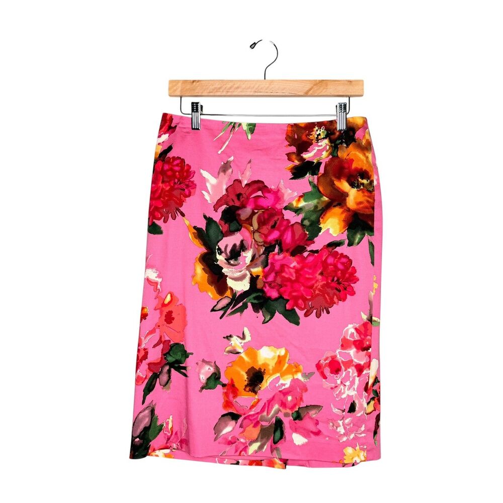 Talbots Skirt Size 6 Pink Floral Straight Pencil Lined Back Zipper Slit Cotton